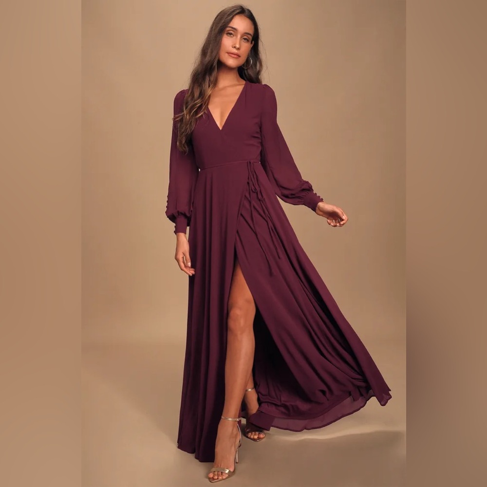 Lulu’s My Whole Heart Plum Long Sleeve Wrap Dress - Burgundy - Medium